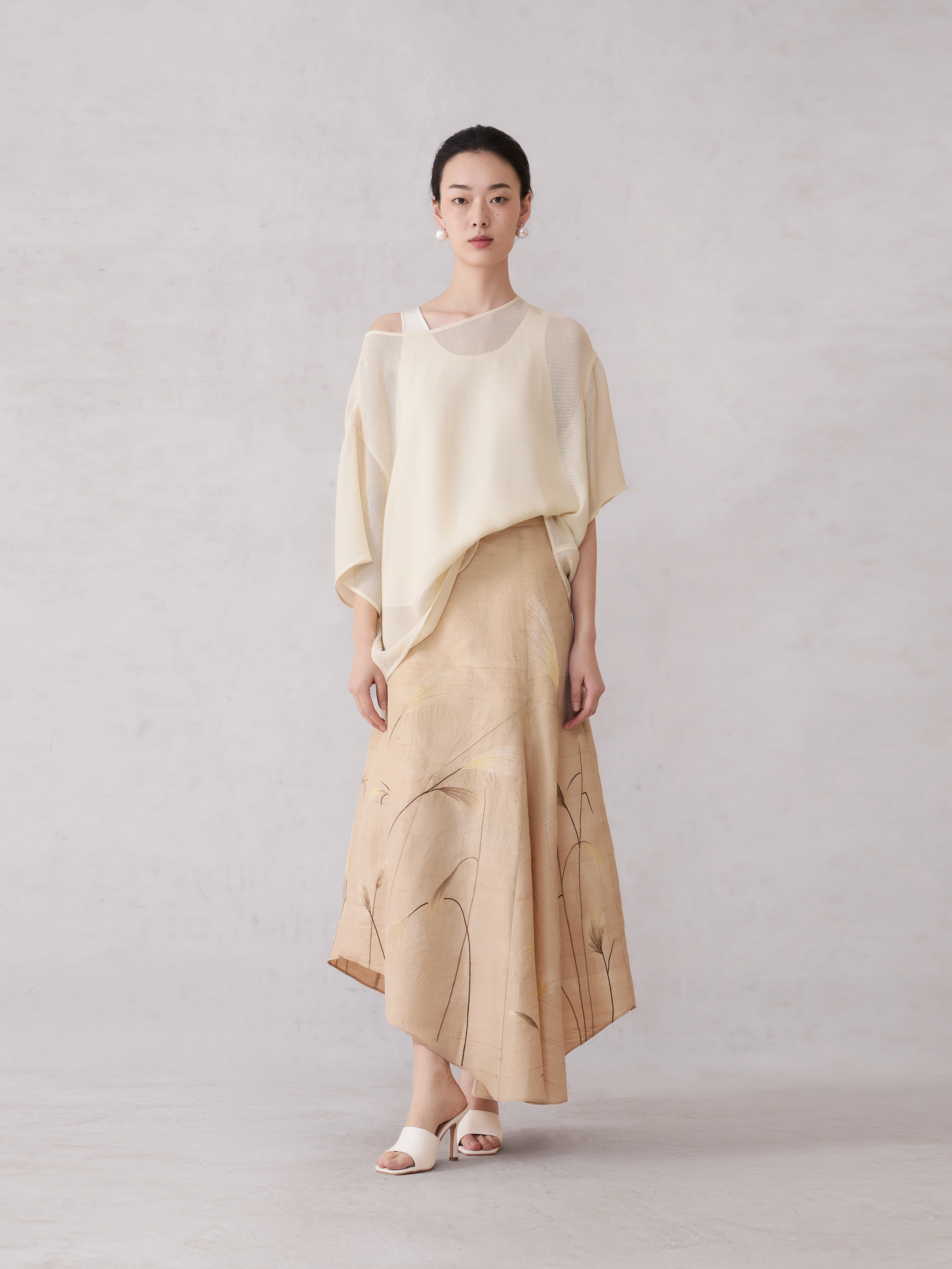 米色芦苇绣蚕丝半裙 - detail