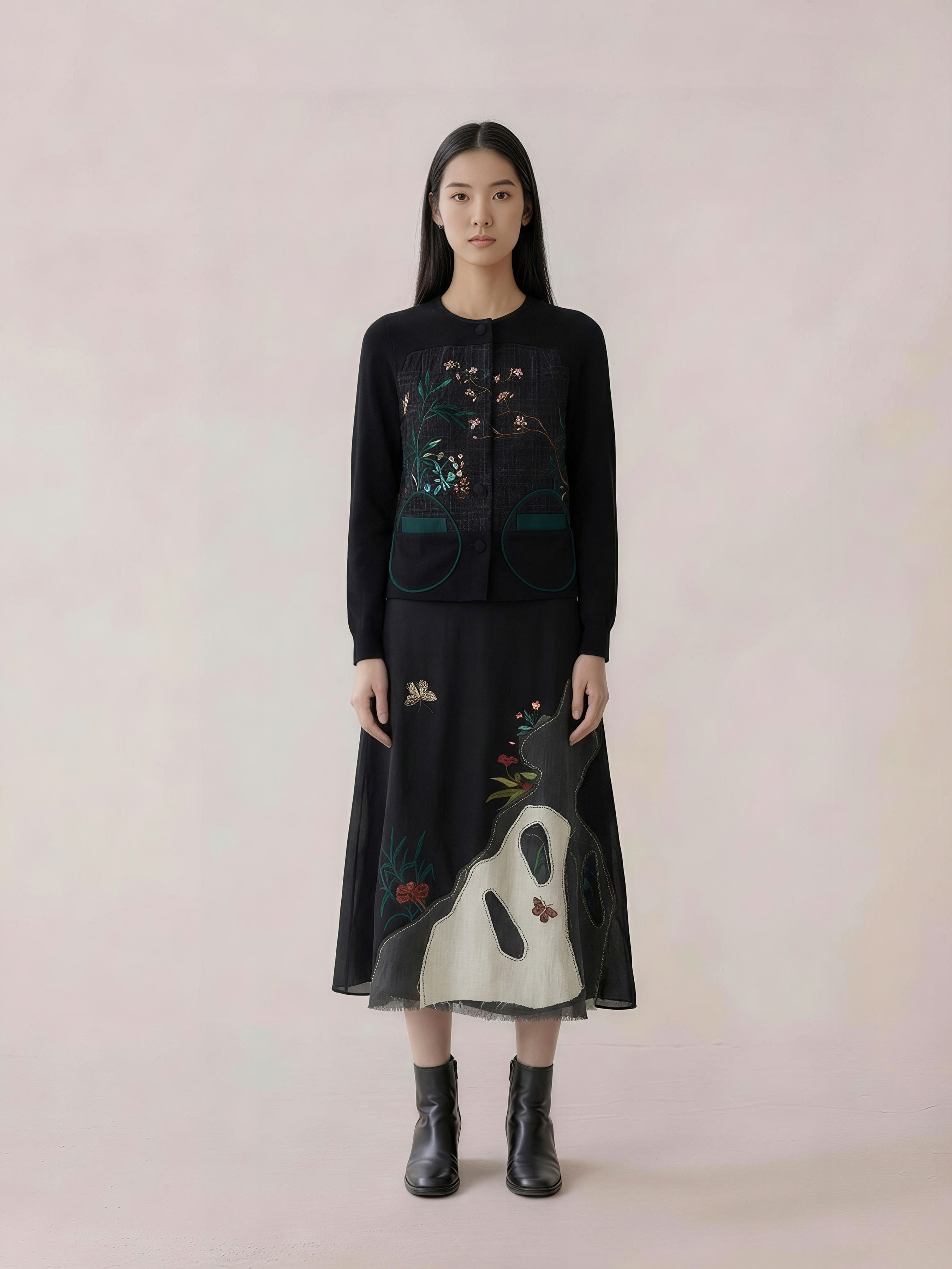 黑色欧根缎贴布绣花半裙 - detail