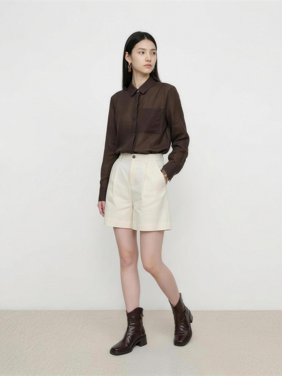 褐色亚麻蚕丝衬衫 - detail