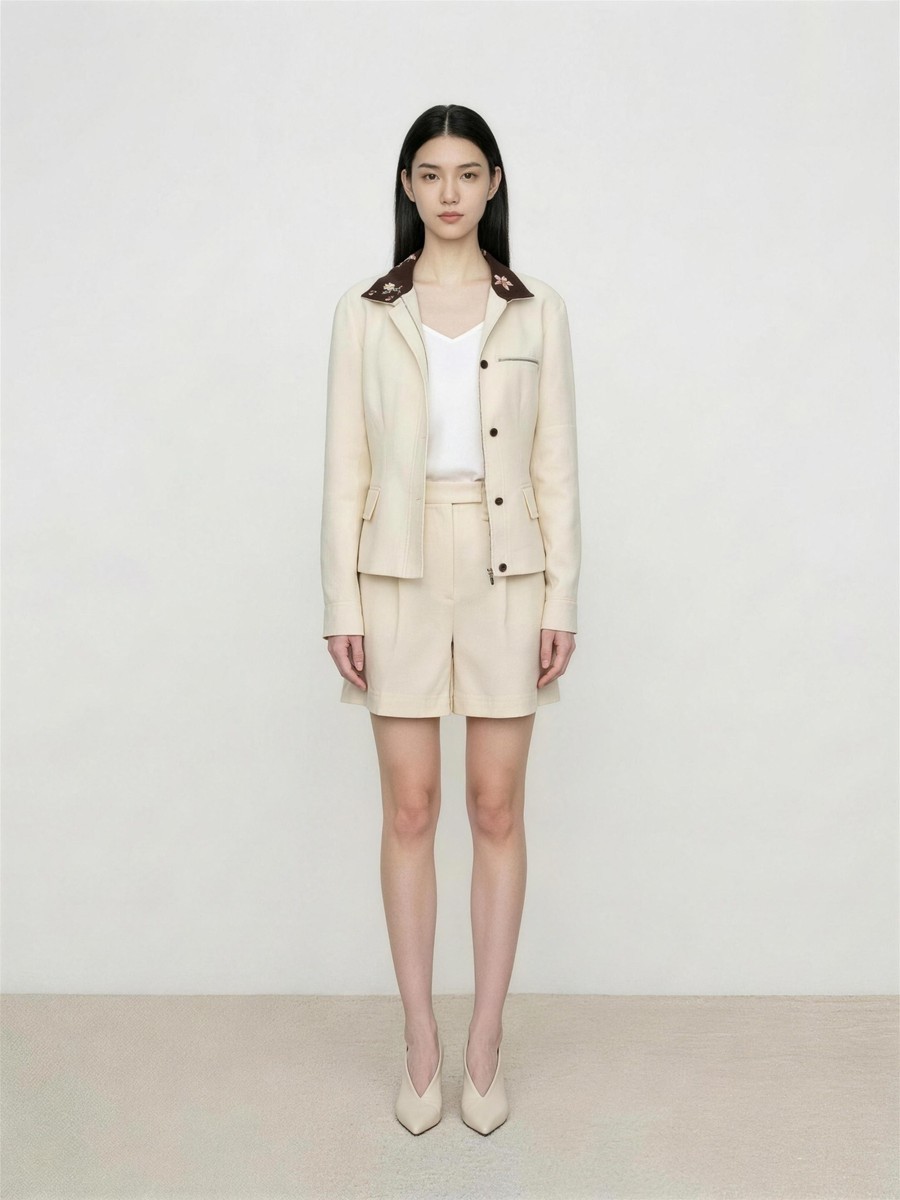 米白色亚麻刺绣外套 - detail