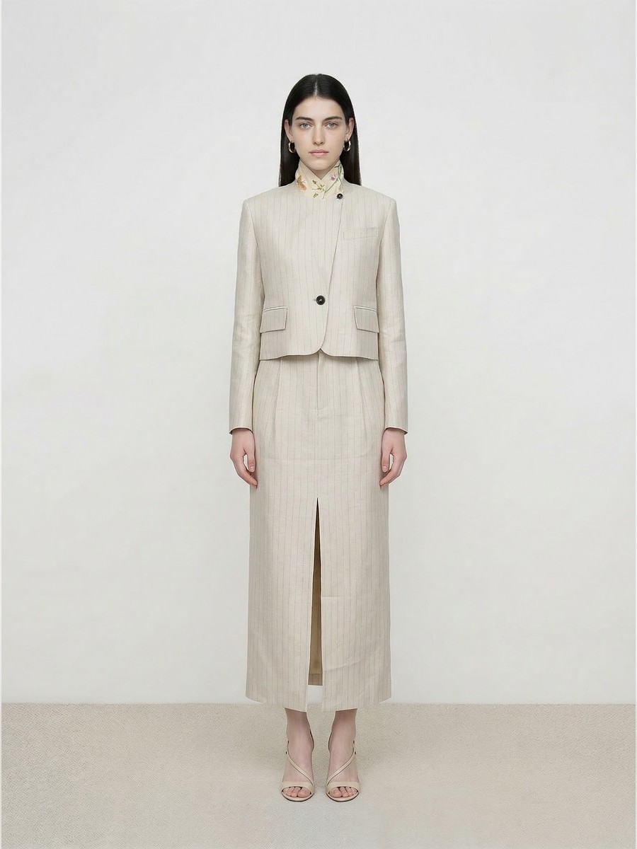 米色亚麻金丝刺绣半裙 - detail