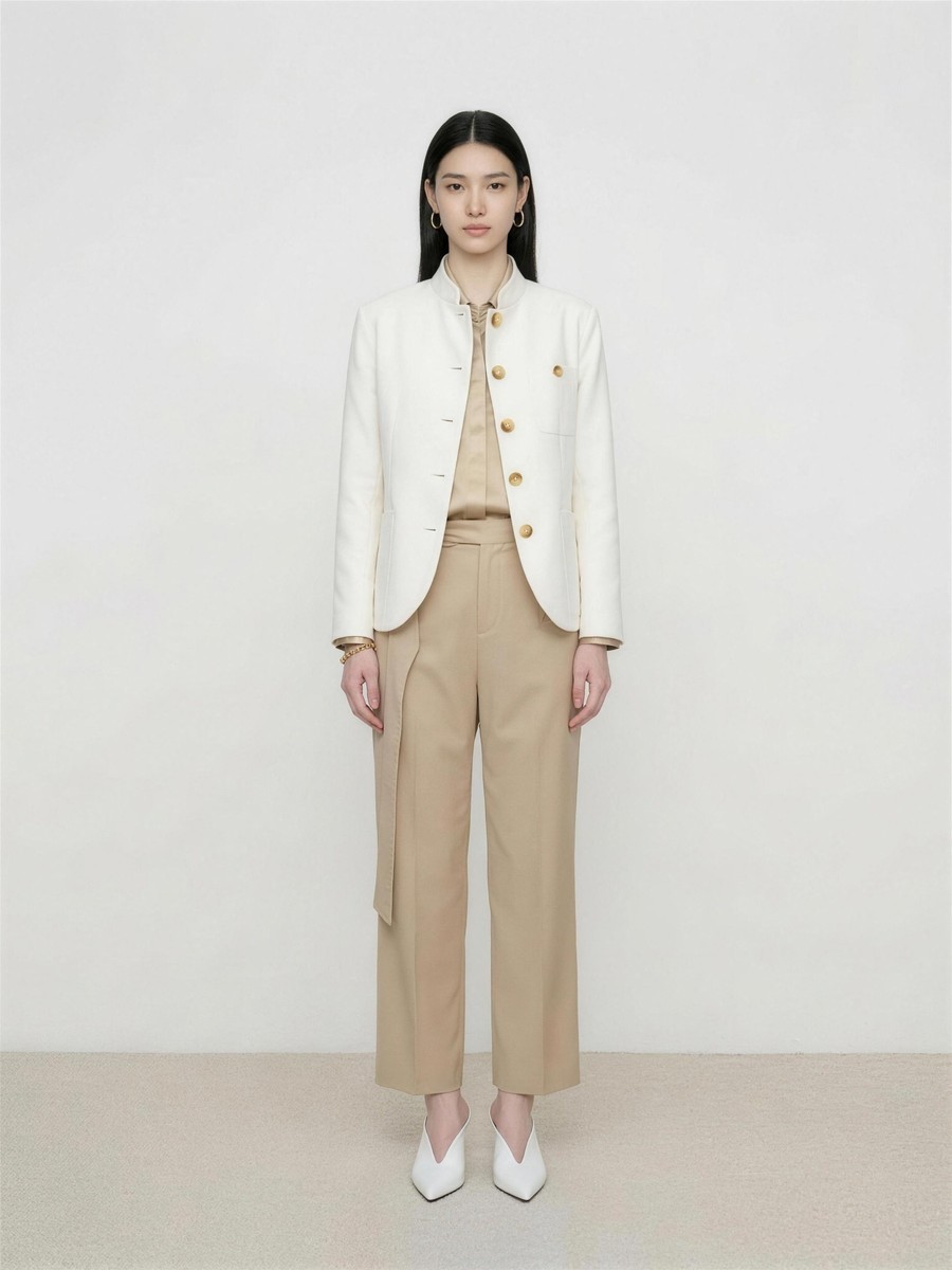 浅卡其羊毛混纺直筒裤 - detail