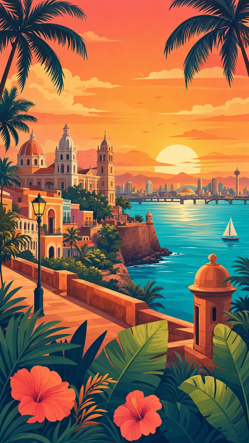 Cidade tropical ao pôr do sol