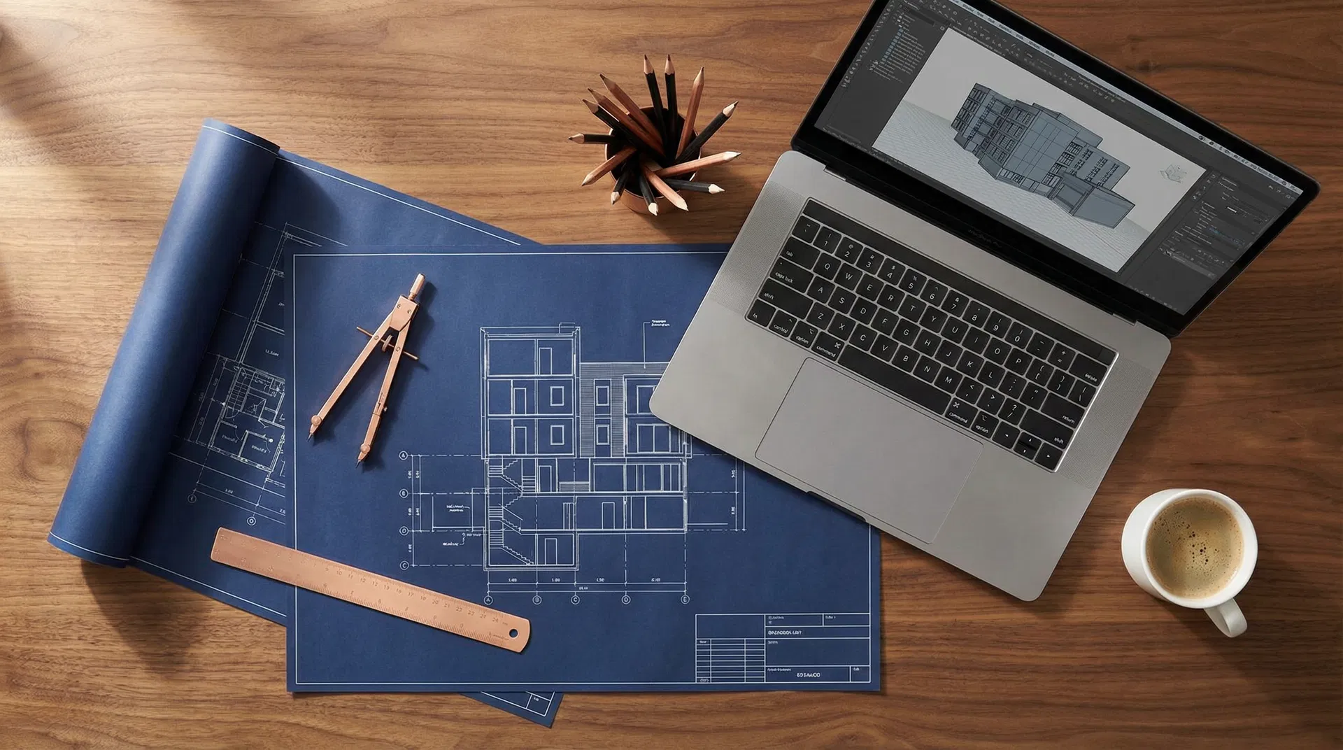 Mesa de arquiteto com projetos e ferramentas