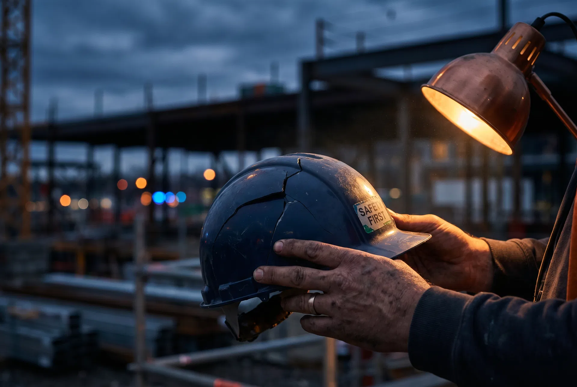Capacete danificado representando riscos profissionais