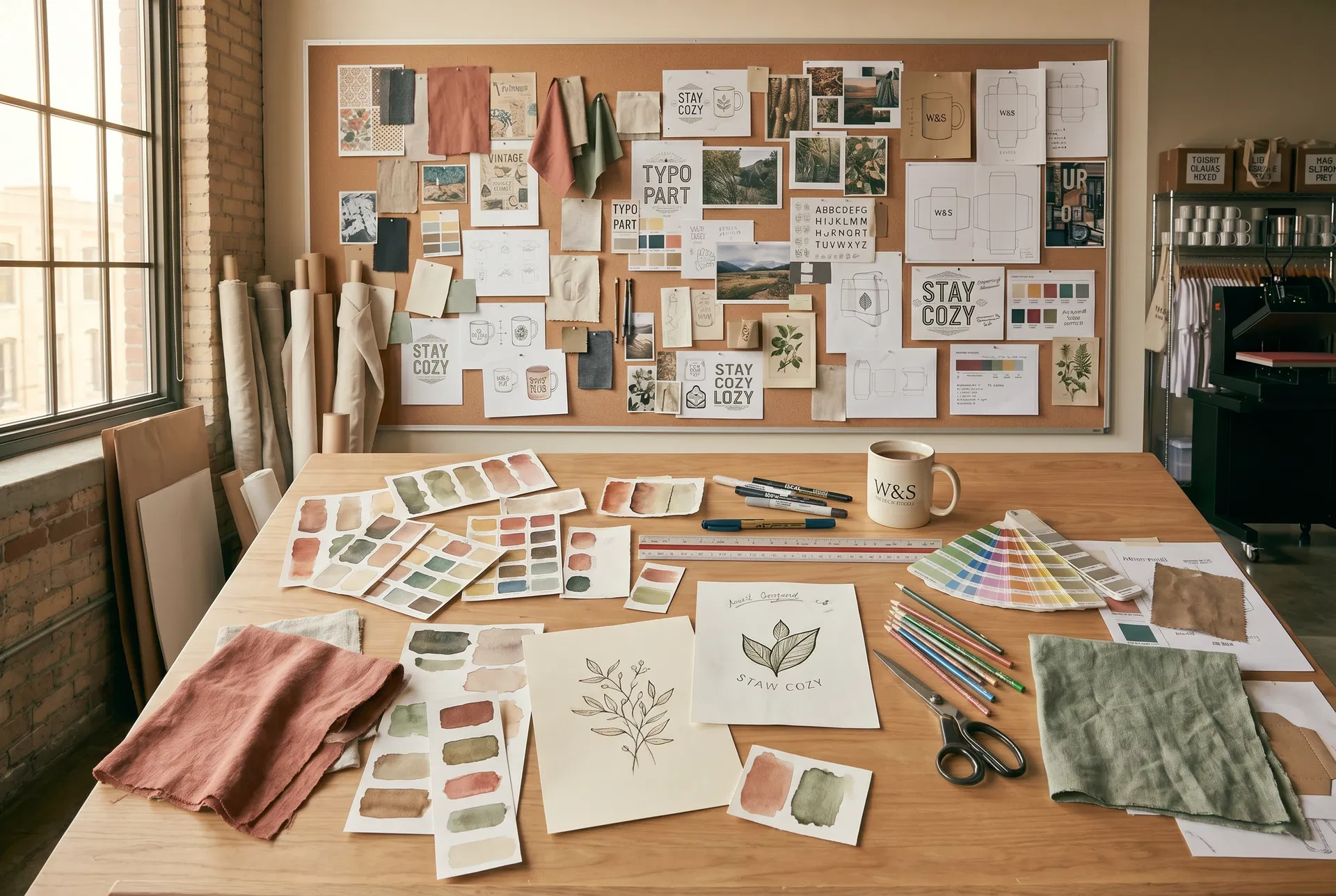 Warmth & Story design workspace with watercolor swatches, botanical sketches, and fabric samples