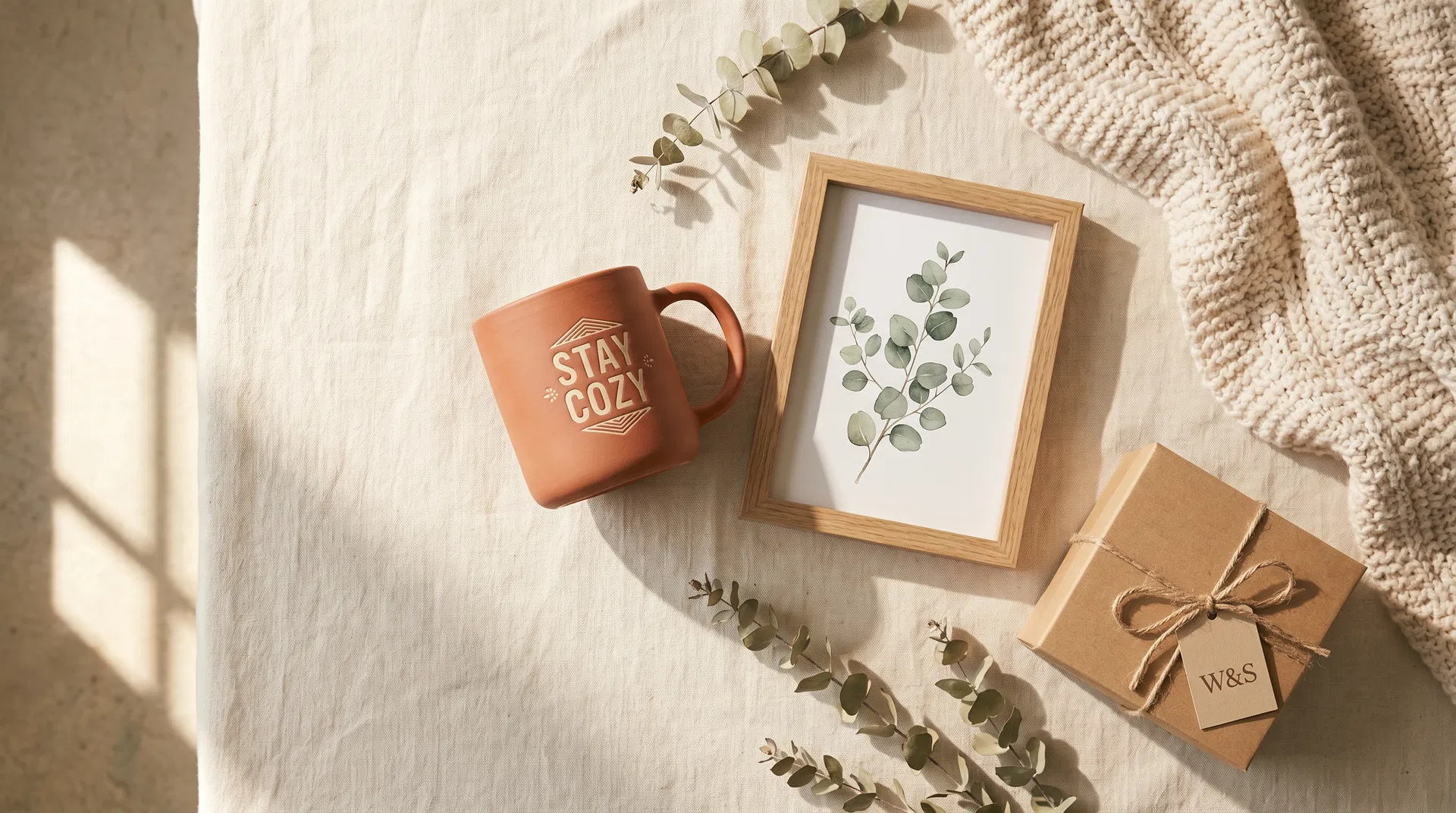 Warmth & Story — thoughtful home gifts including a terracotta mug, botanical print, and kraft gift box on linen