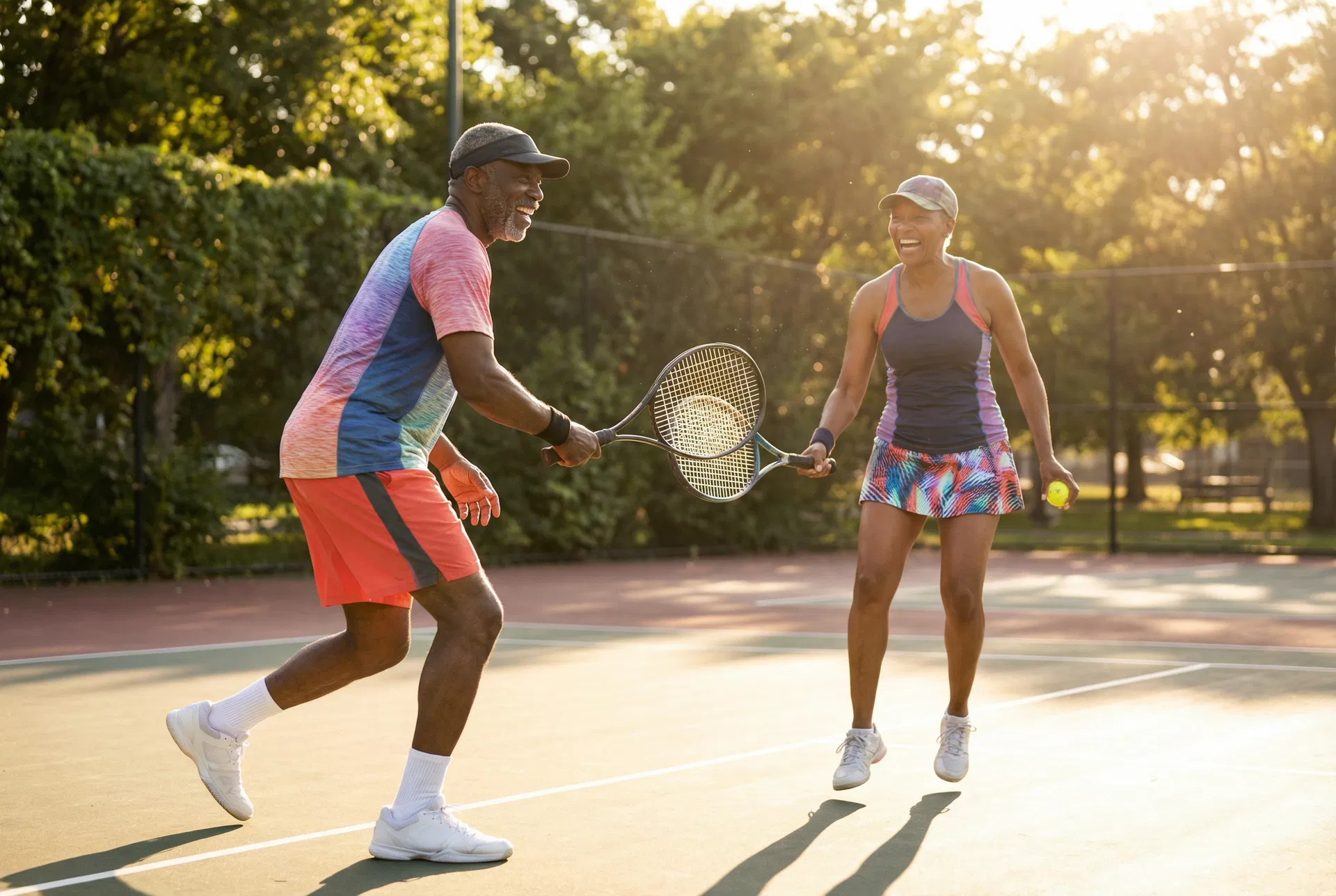 Older Black couple playing tennis