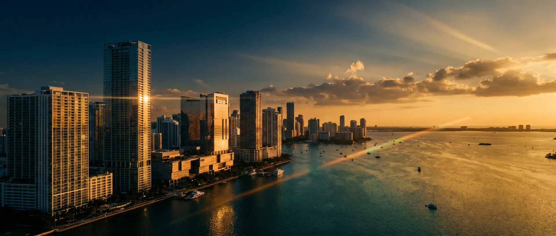 Aerial view of Miami skyline at golden hour