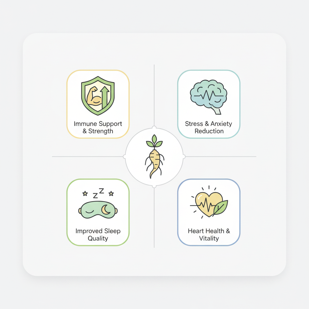 Key benefits of The Complete Guide to Ashwagandha: Benefits, Dosage, and How It Works illustrated
