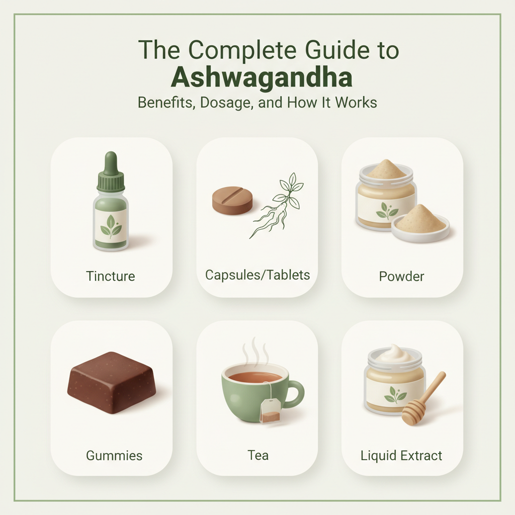 Comparison of different The Complete Guide to Ashwagandha: Benefits, Dosage, and How It Works supplement forms