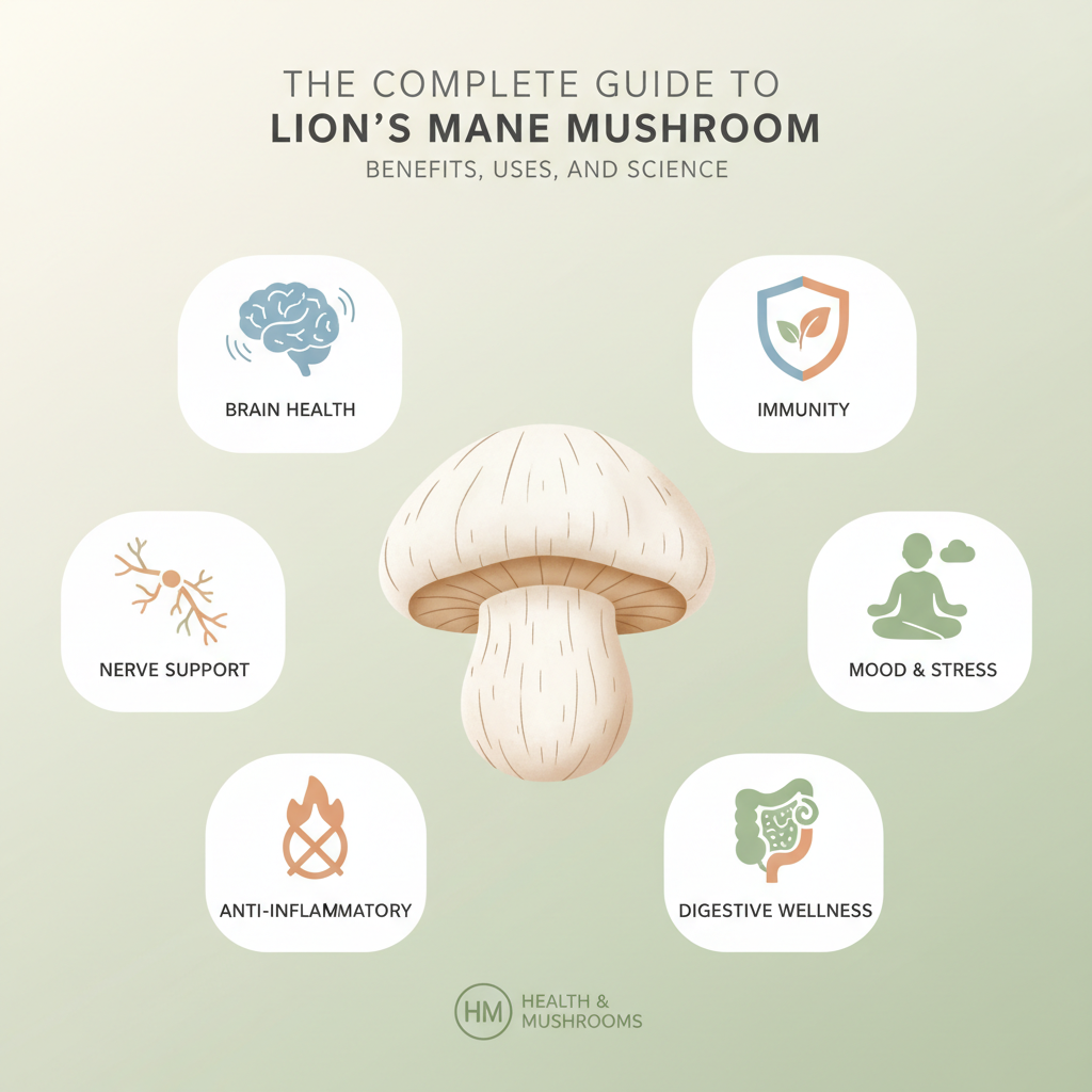 Key benefits of The Complete Guide to Lion's Mane Mushroom: Benefits, Uses, and Science illustrated