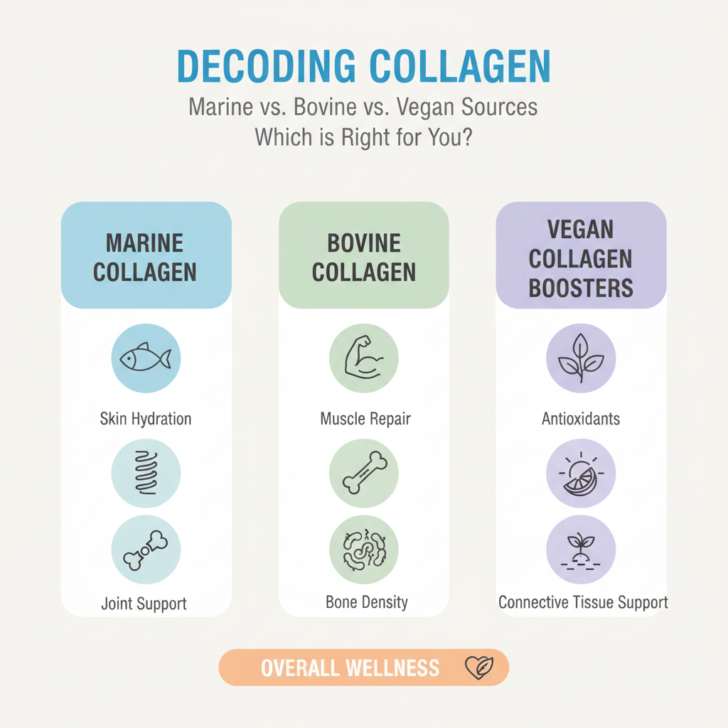 Key benefits of Decoding Collagen: Marine vs. Bovine vs. Vegan Sources – Which is Right for You? illustrated