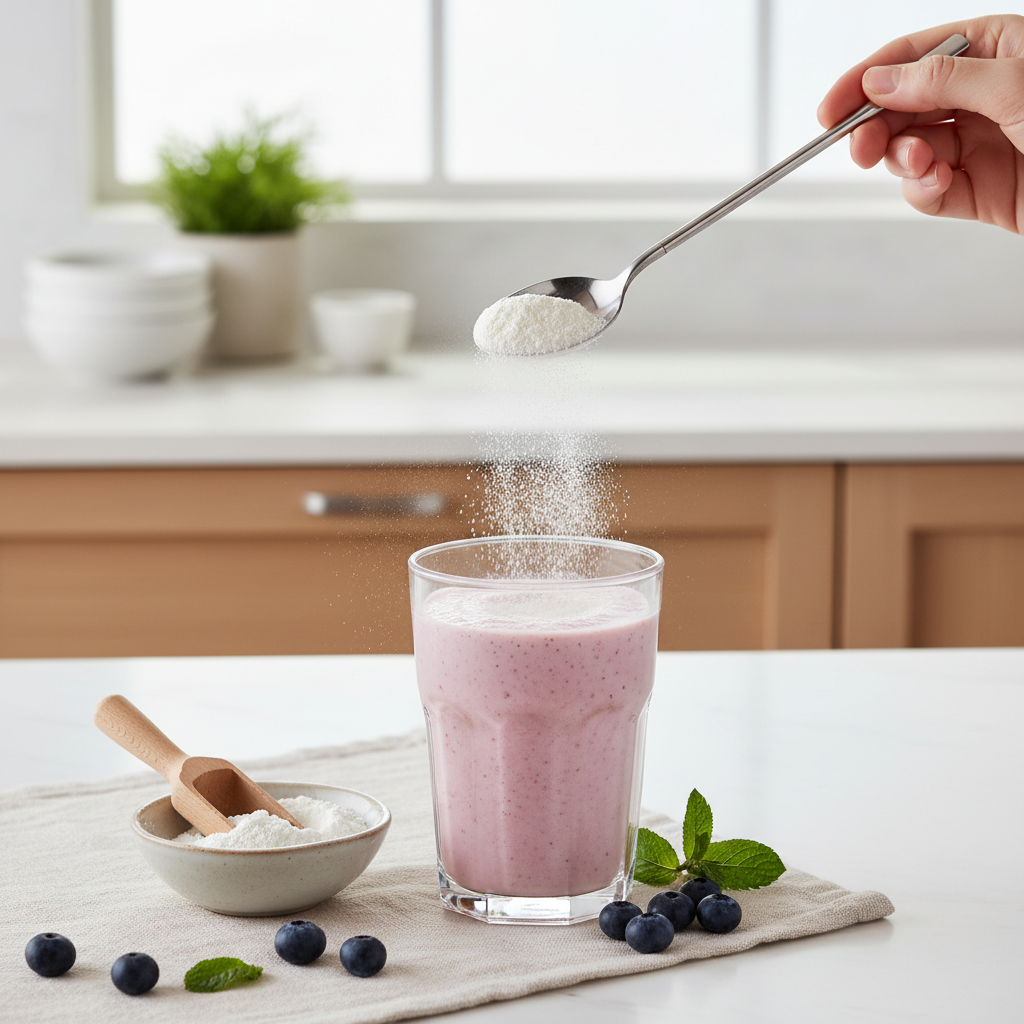 Collagen peptides being mixed into a drink