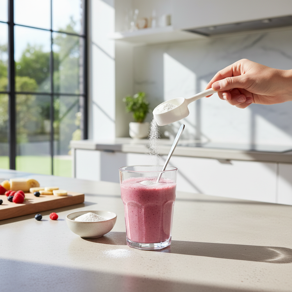Collagen peptides being mixed into a drink