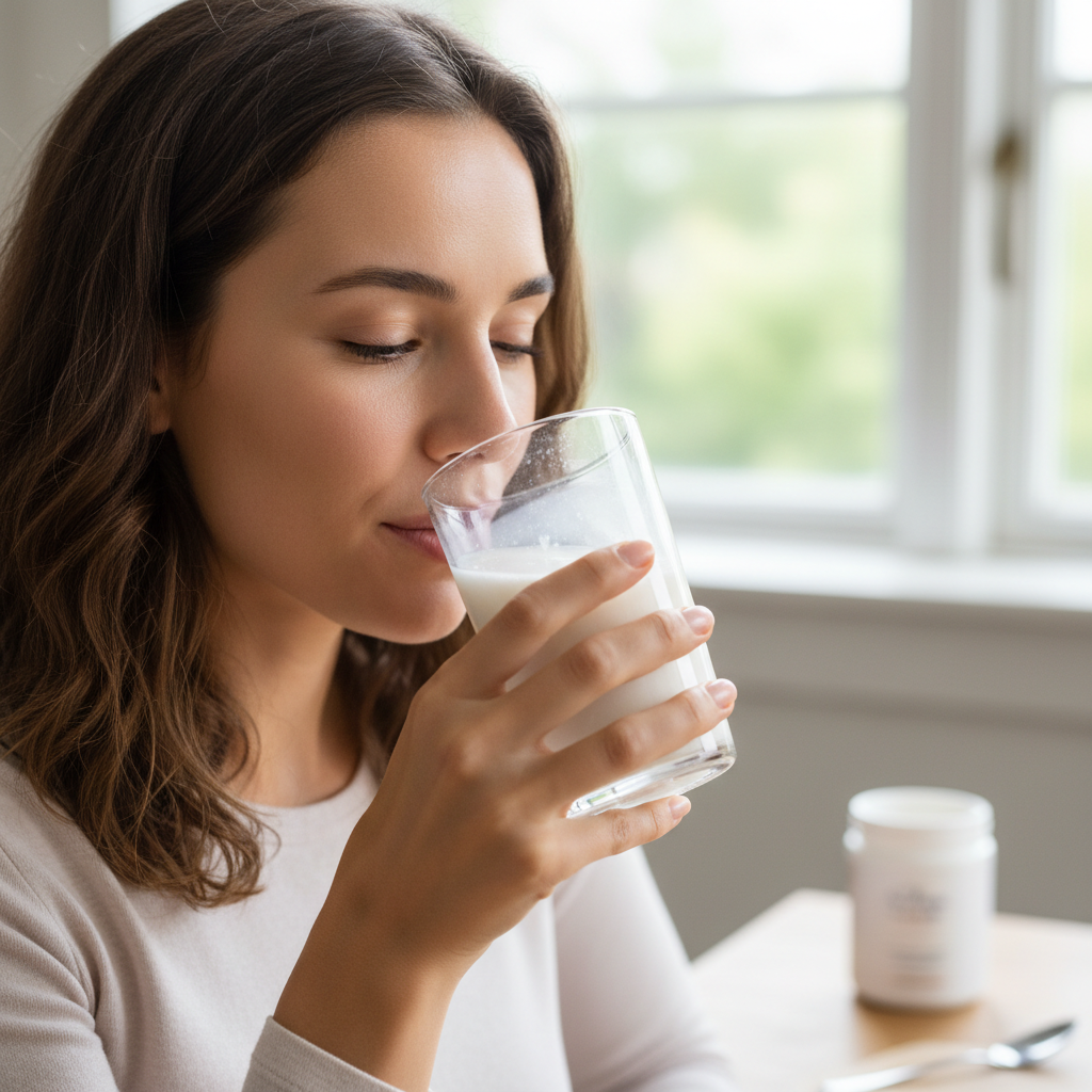 Woman drinking collagen powder mixed with water