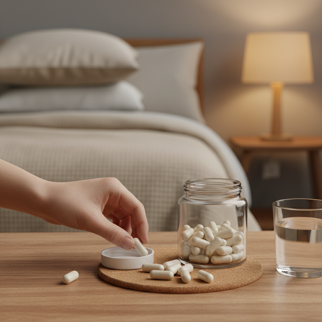 Magnesium capsules and tub next to bed