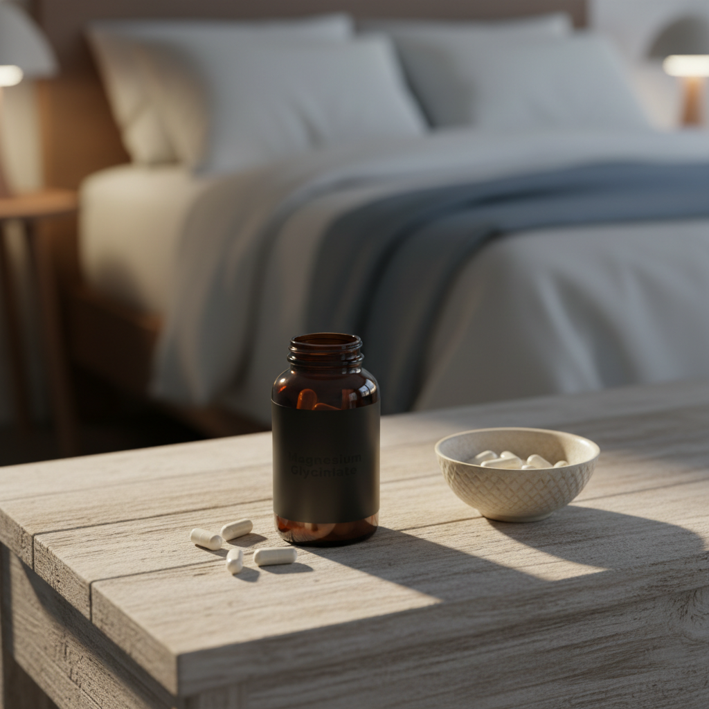 Magnesium glycinate supplement bottle on a bedside table with a few capsules beside it.