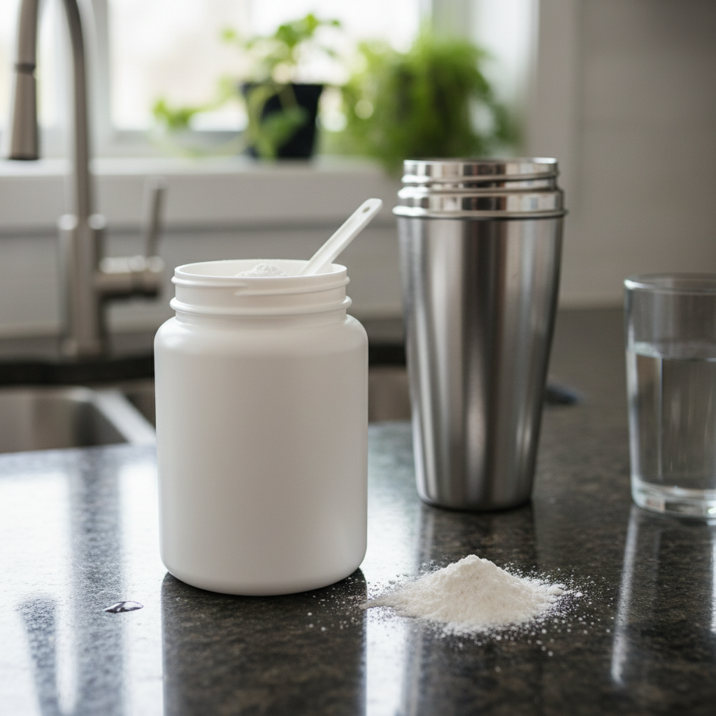 Creatine powder on a kitchen surface
