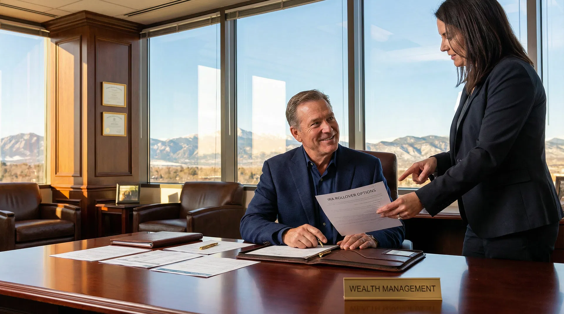 Confident client reviewing IRA documents with advisor and Colorado mountain view