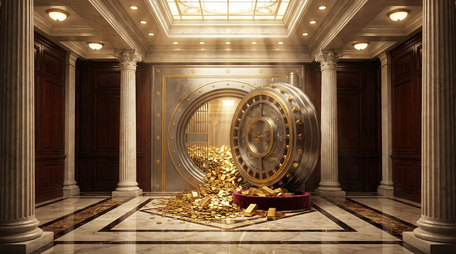 Luxurious bank vault with gold pouring out