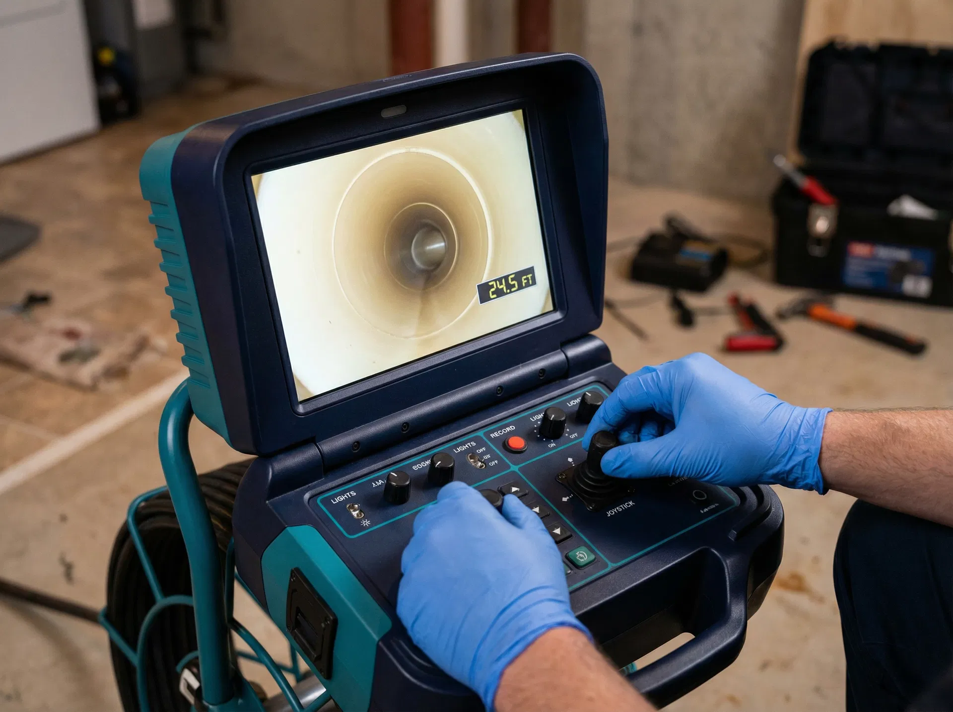 Sewer camera inspection monitor showing pipe interior