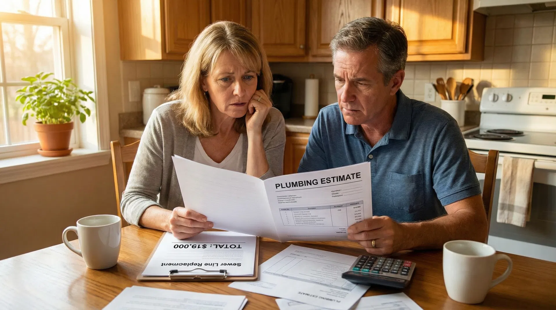 Homeowners reviewing expensive sewer replacement quote
