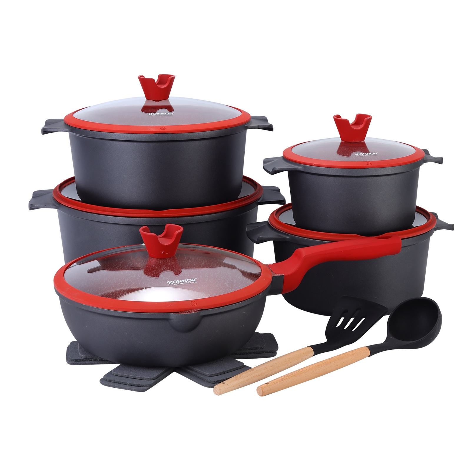 Non-Stick Die-Cast Aluminum Cookware Set with Glass Lids and Utensils