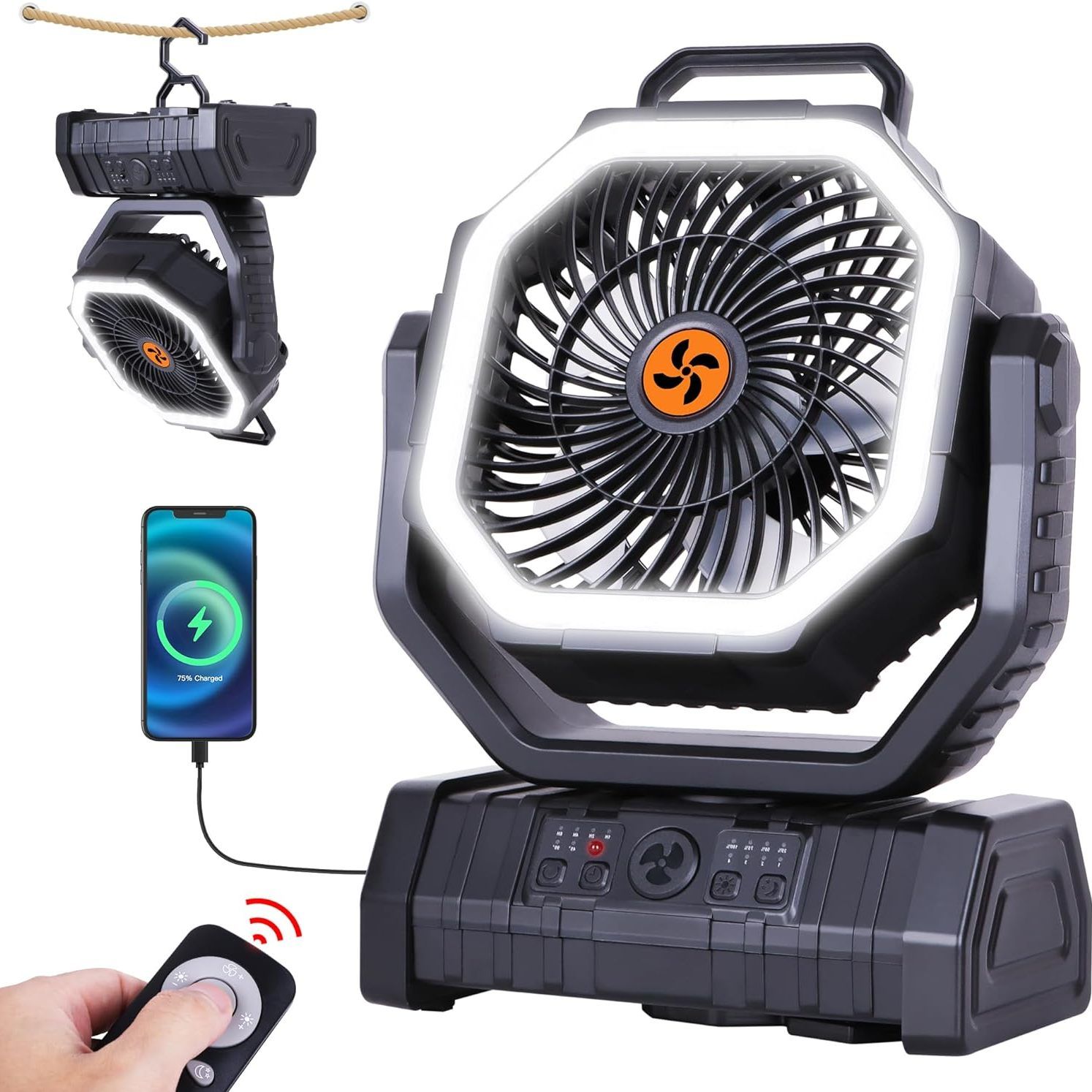 Portable Camping Fan with LED Light and Remote Control