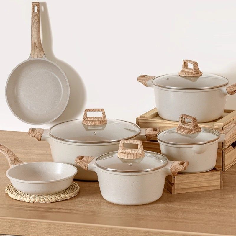 5Set Non-Stick Stone Coated Cookware Set with Wooden Handles