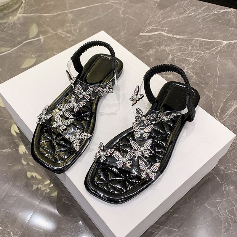 Women's Rhinestone Butterfly Flat Sandals with Clear Strap