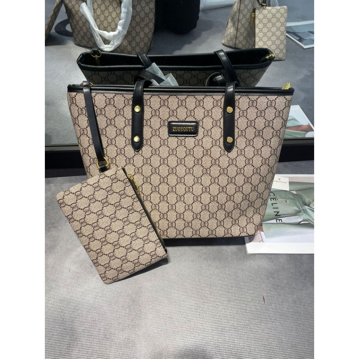 Stylish Monogrammed PU Leather Tote Bag with Pouch