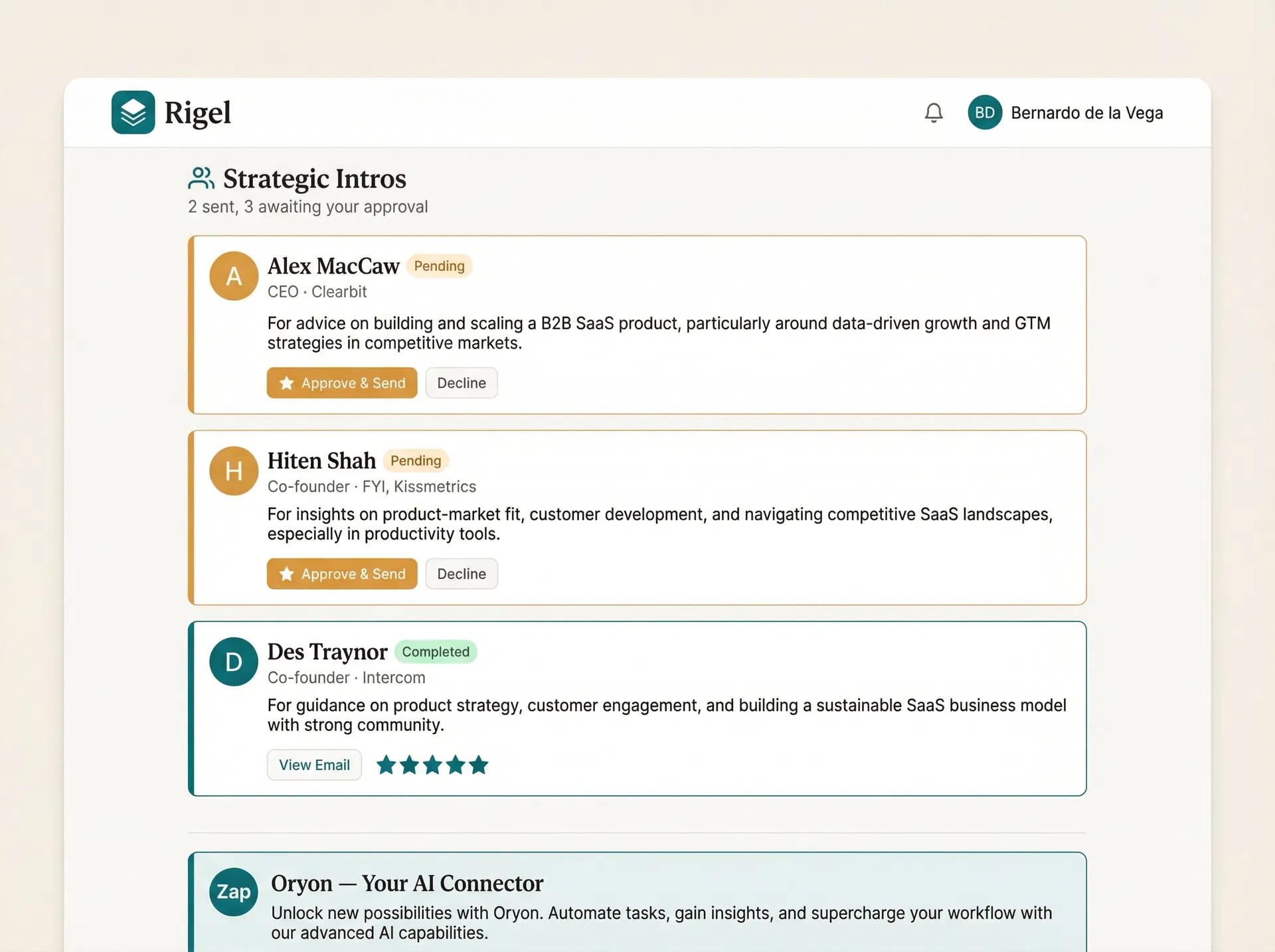 Rigel warm introduction email connecting founders with the right advisors