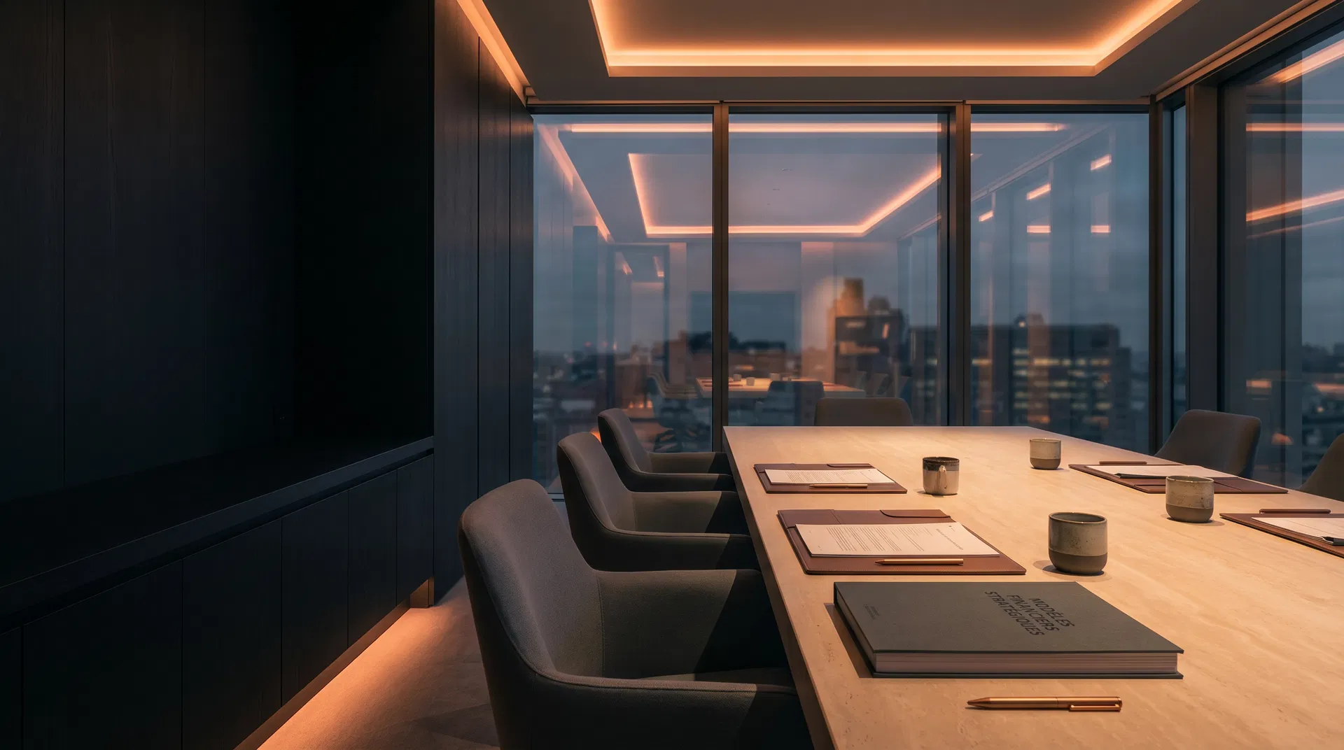 Salle de réunion exécutive évoquant la clarté stratégique et la rigueur de Sinergix