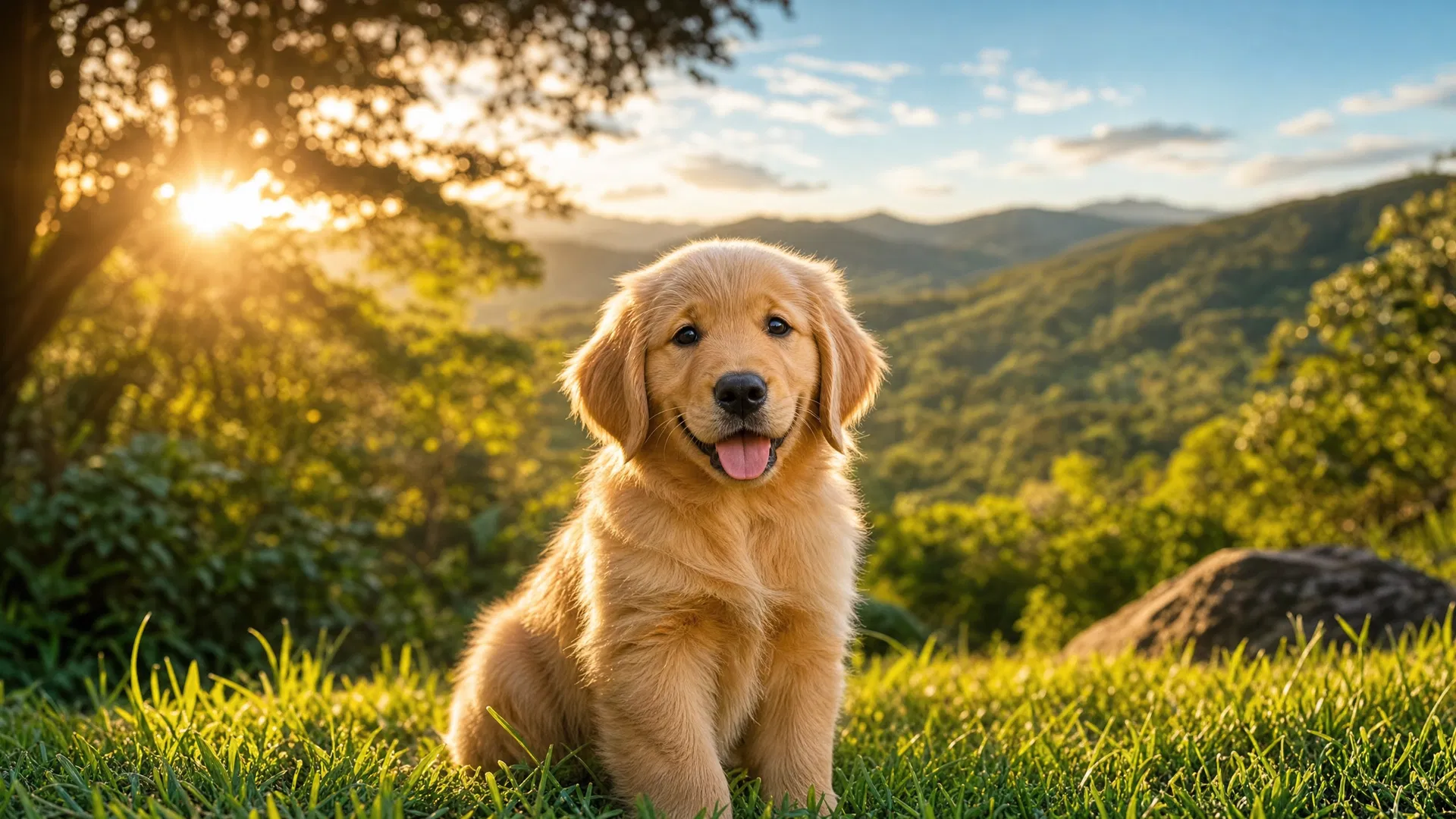 Filhote de Golden Retriever em meio à natureza
