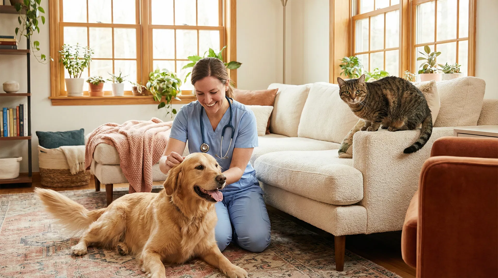 Veterinária atendendo pets em casa
