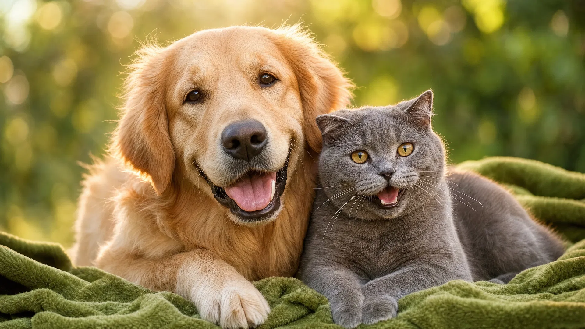 Cão e gato felizes recebendo cuidado veterinário