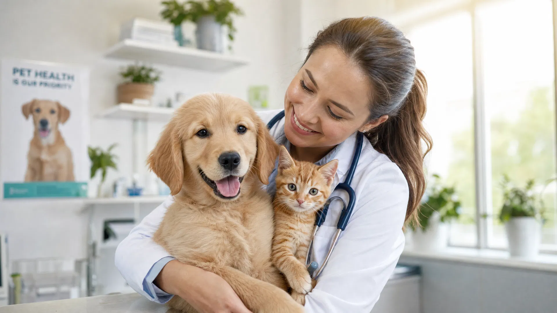 Veterinária cuidando de um gato com carinho na clínica