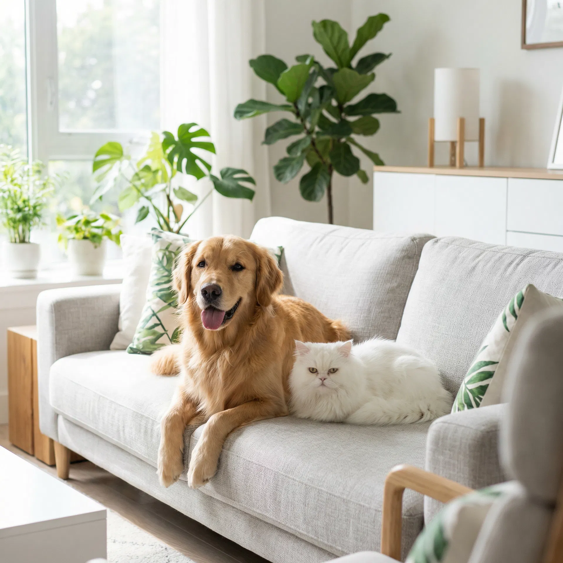 Cachorro e gato felizes em casa