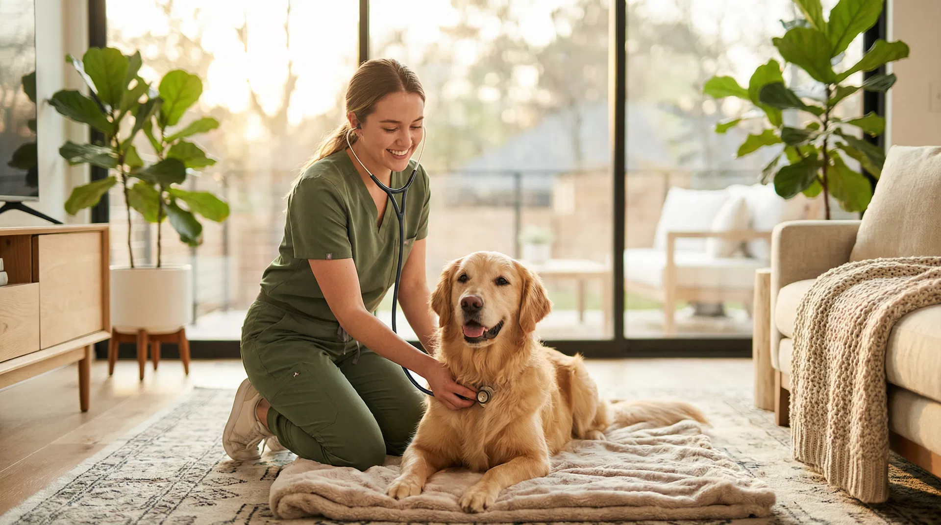 Veterinária atendendo pet em casa