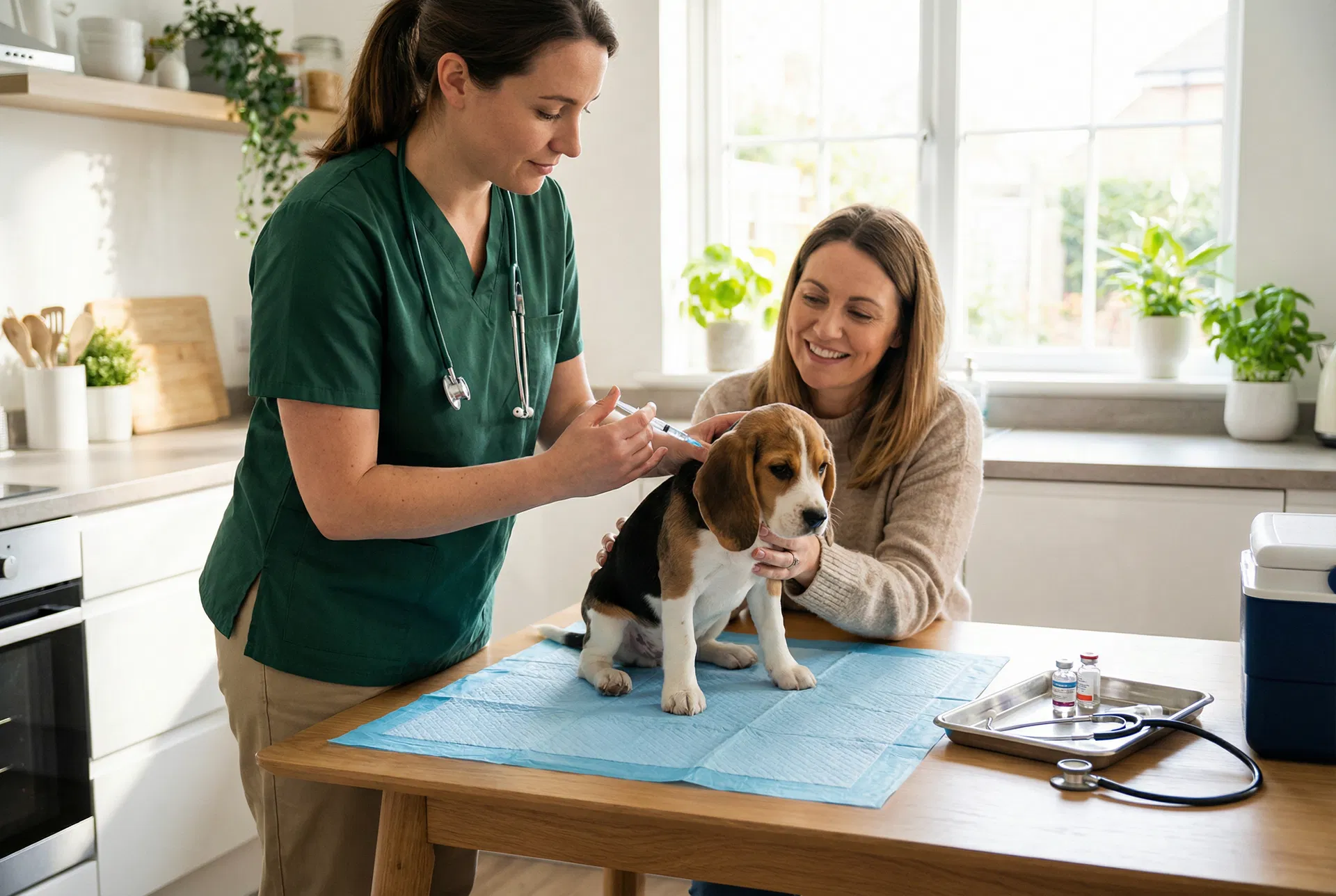 Veterinária vacinando pet em casa