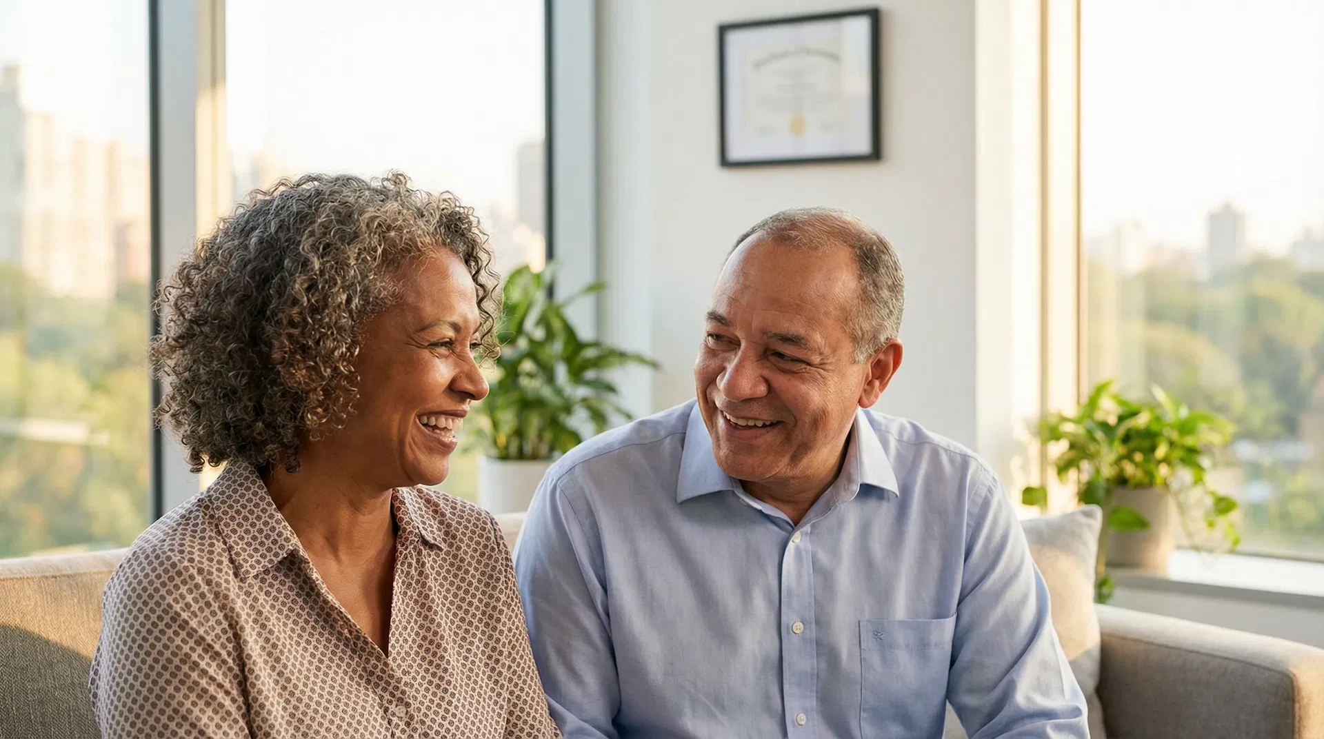 Casal sorridente em consultório médico