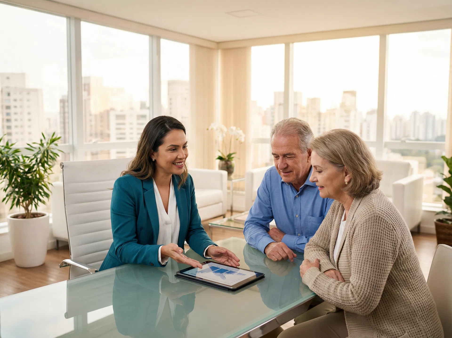 Consultora explicando planos de saúde para casal