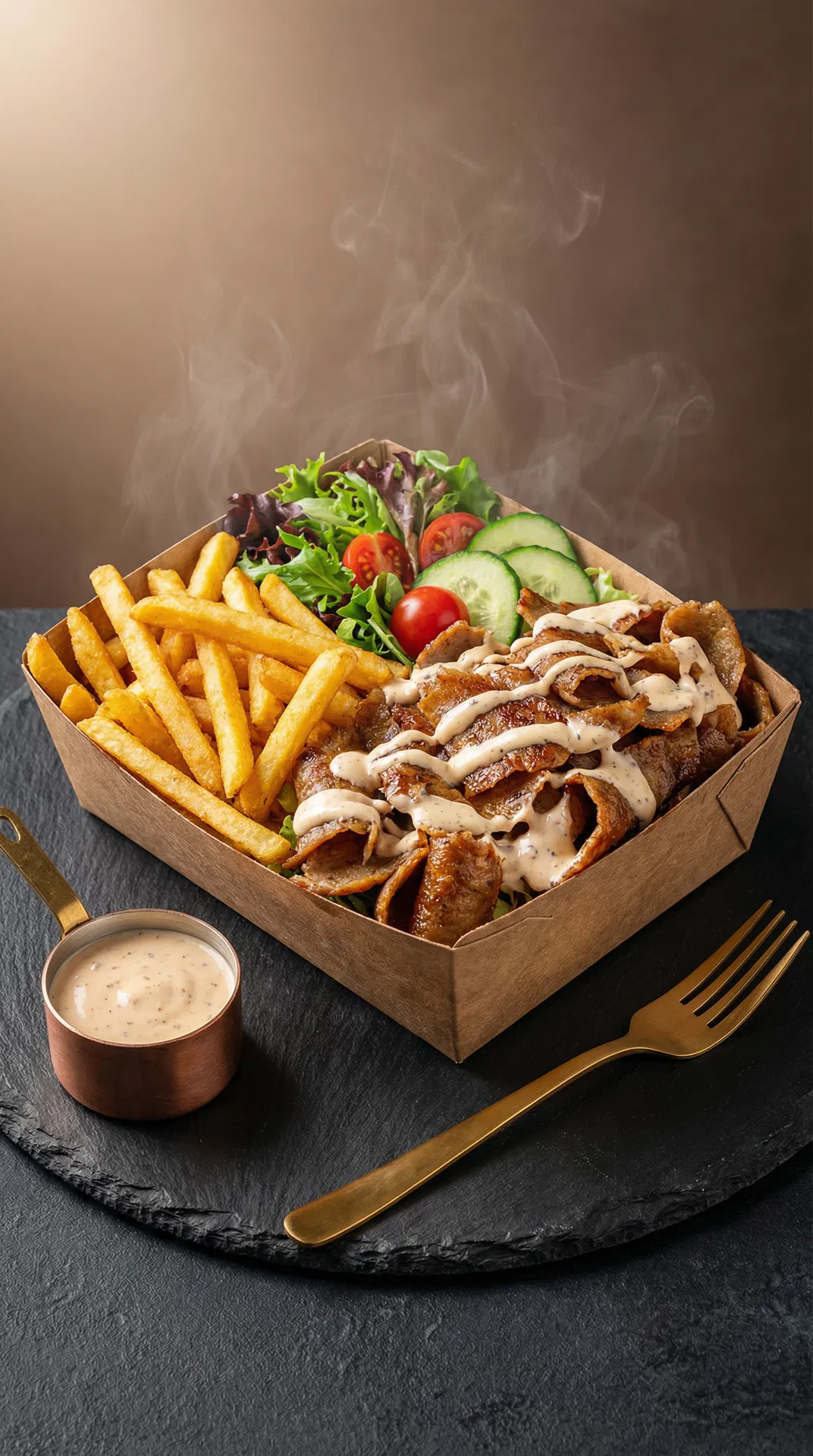 Die perfekte Döner Box! Knusprige Pommes, frischer Salat und unser hausgemachter Knoblauchsauce 🥙✨
