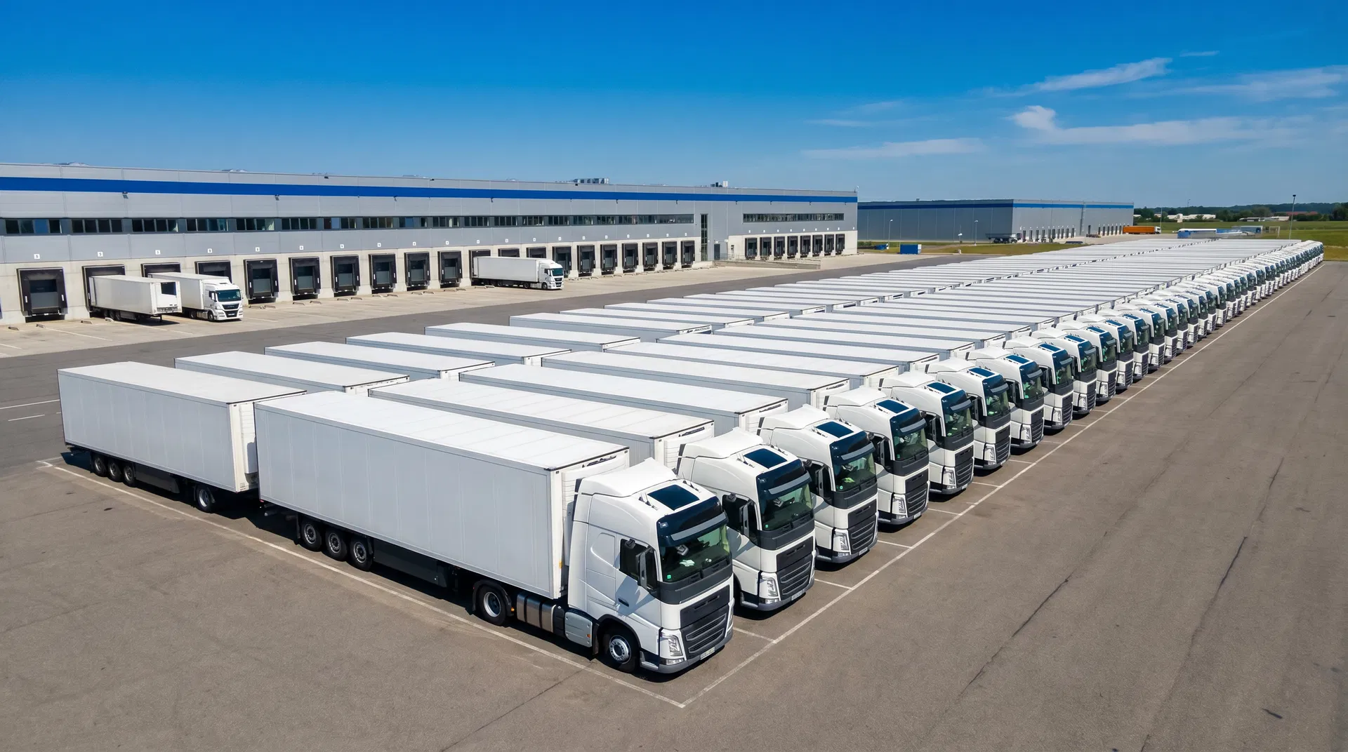 Fleet of trucks at logistics facility
