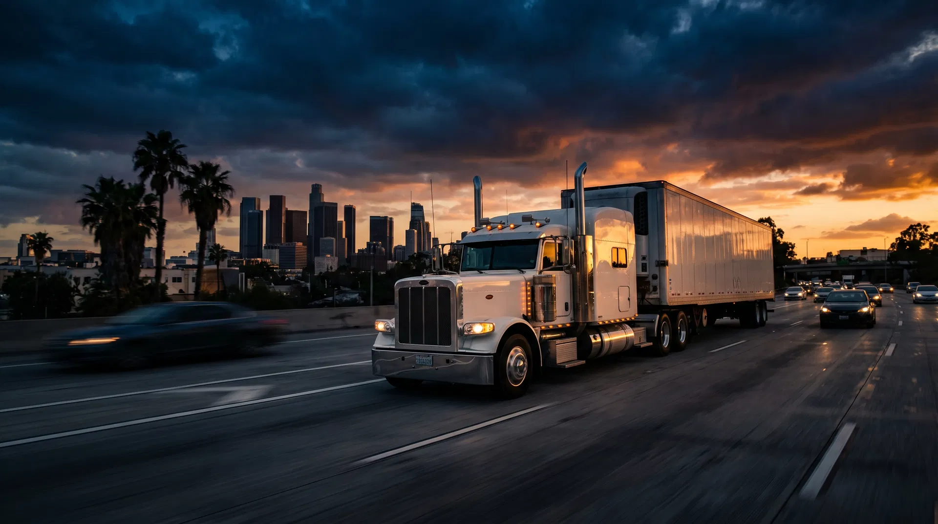Semi-truck on Los Angeles freeway at dusk
