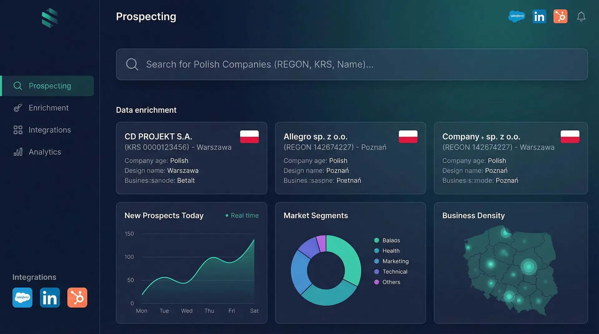 Dashboard prospectingu z danymi polskich firm z GUS, REGON, KRS - narzędzie do ICP matching i outreach automation