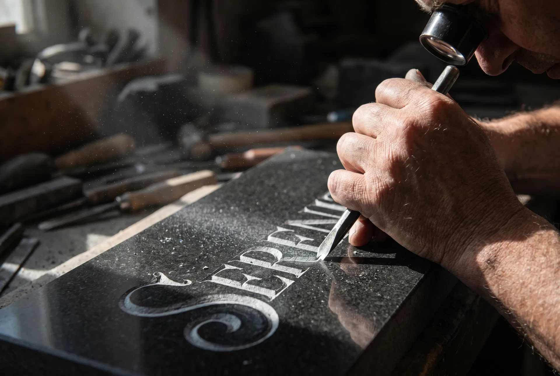 Master engraver working on granite headstone