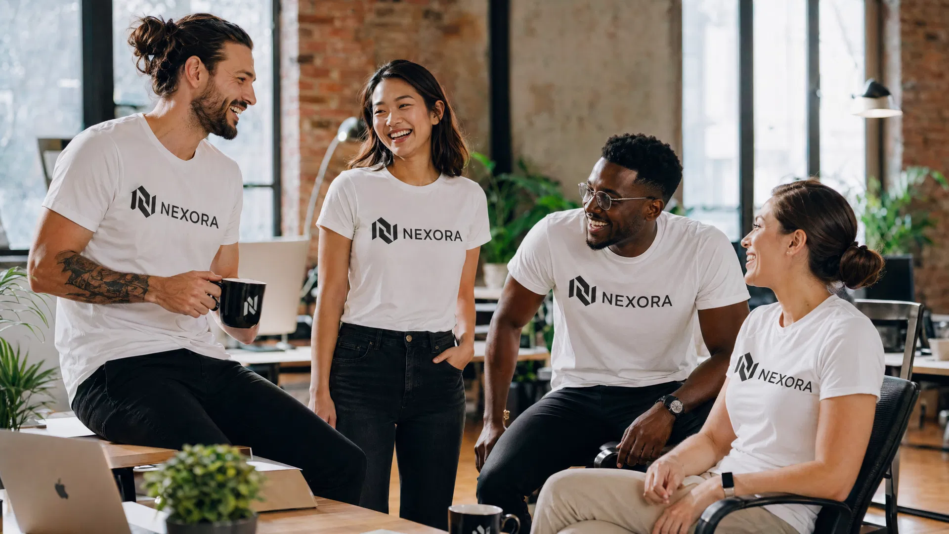 Startup team wearing custom branded cotton t-shirts
