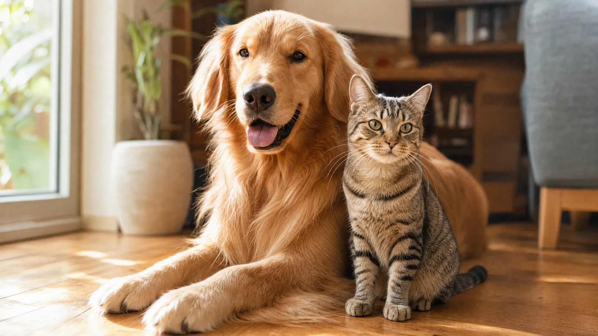 A golden retriever and tabby cat together